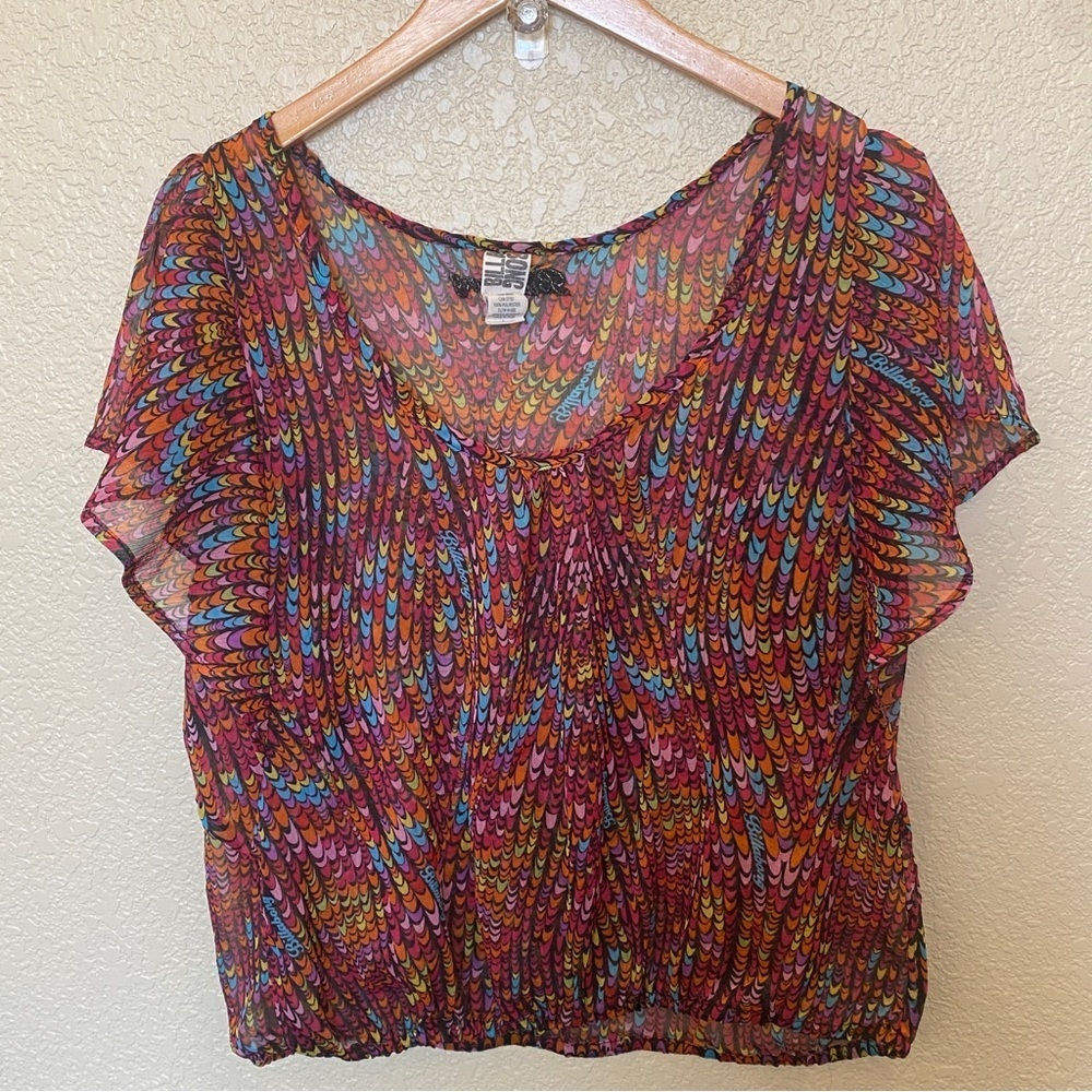 Billabong sheer‎ blouse multicolor abstract pattern large elastic hem